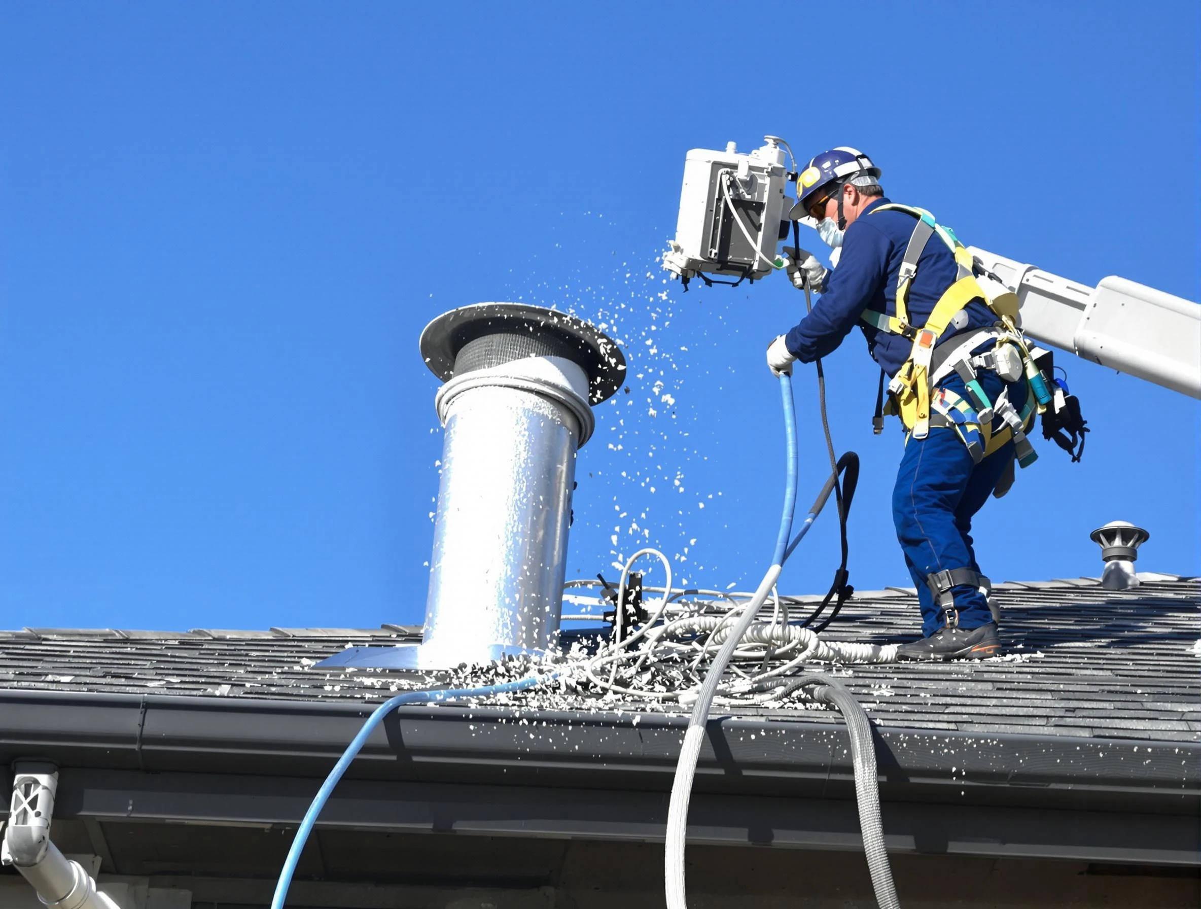 Canton Dryer Vent Cleaning certified technician safely cleaning a roof-mounted dryer vent in Canton